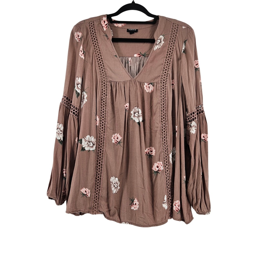Torrid Mauve Floral Crochet Lace Cottage Balloon Sleeve Blouse Top 00‎ Office